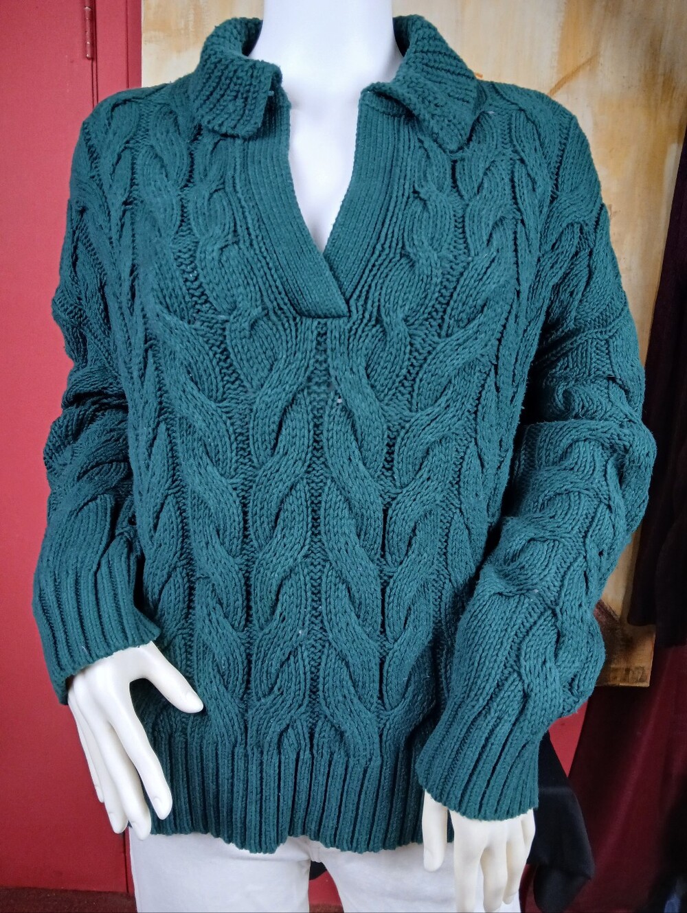 LOFT Emerald Green Cable Knit Sweater Heavy Chunky Tunic Pullover Large
